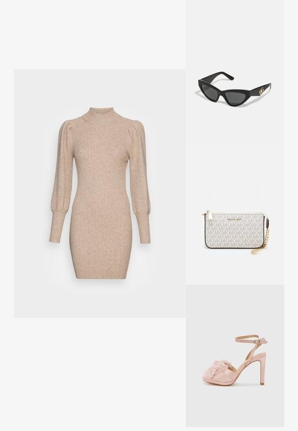 Robe en tricot beige présentant une texture côtelée, un col montant et des manches ballons. Silhouette ajustée avec un ourlet court.; Sandales à talons hauts en satin rose clair avec un détail en tulle froncé orné de perles artificielles, dotées d'une sangle cheville et d'un design ouvert.; Lunettes de soleil en œil de chat avec une monture en plastique noir mat, des verres foncés et un accent en or avec le logo sur la branche. Design angulaire et texture lisse.; Porte-monnaie Michael Kors en toile enduite beige avec un motif répété de logo MK, des accessoires en or et une bandoulière en chaîne amovible.