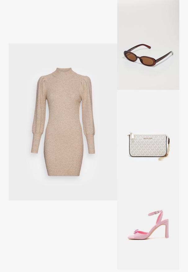 Knit dress in beige featuring ribbed texture, high neck, and puffed sleeves. Form-fitting silhouette with a short hemline.; Pink high-heeled sandal with ankle strap, smooth leather material, open toe design, and floral embellishment on the upper.; Round, brown-tinted sunglasses with a glossy burgundy frame. Slim arms with subtle branding detail. Flat lens design.; Michael Kors wristlet in beige coated canvas featuring a repeating MK logo pattern, gold hardware, and a detachable chain strap.