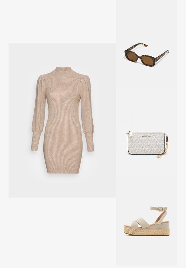 Neulemekko beigen värissä, jossa on ribbitekstuuri, korkea kaula-aukko ja puffihihat. Tiukasti myötäilevä siluetti ja lyhyt helma.; Beige espadrille-alustaa sandaalit, joissa on kudottu tekstiilinen päällinen, ristikkäiset hihnat, nilkkavöri ja teksturoitu juteeseen kääritty pohja.; Kaurisilmät, joissa on pyöreä, jämäkkä kehys ja ruskeat linssit. Ominaisuuksiin kuuluvat hillityt kuviot sekä suorat, kapenevat sangan osat.; Michael Kors kääröbeige pinnoitettua kangasta, jossa on toistuva MK-logo -kuvio, kultaiset yksityiskohdat ja irrotettava ketjuhihna.