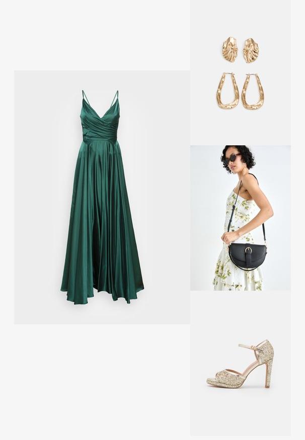 Grønn satengkjole med V-hals, tettsittende bodice og flytende skjørt. Har tynne stropper og en glatt, skinnende tekstur.; Gullglitrende høyhælte sandal med åpen tå, ankelrem og chunky plattform. Glatte metalliske detaljer forbedrer det generelle designet.; Svart lærveske med en buet form, avtagbar stropp og gullbeslag. Vesken har et klaff med spenne-detall.; Gullfargede øredobber med teksturerte, bølgete former. Inkluderer skulpturelle klipsstuds og åpen hoop-design med en hamret finish.
