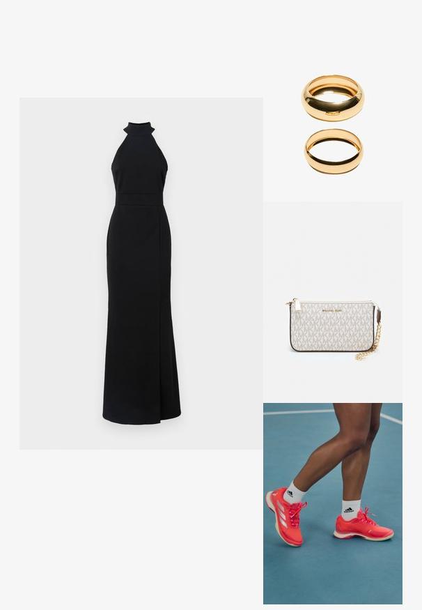 Rochie neagră cu guler halter, cu bust ajustat, fustă până la podea și deschidere pe lateral. Fabricată dintr-un material neted, cu un design elegant și minimalist.; Adidași roz strălucitor cu accente și șireturi albe, având o textură netedă și o talpă din cauciuc, purtați cu șosete albe Adidas.; Clutch Michael Kors din canva acoperit bej, cu un model repetitiv al logo-ului MK, accesorii din aur și o curea cu lanț detașabil.; Două inele de aur sunt expuse, unul gros și rotund, iar celălalt subțire și plat. Ambele au o suprafață netedă și strălucitoare, cu o finisare lustruită.