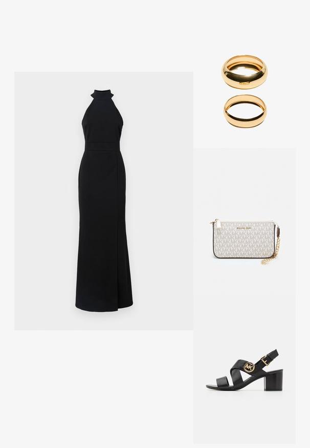 Czarna sukienka na halter z dopasowaną górą, długością do podłogi i bocznym rozcięciem. Wykonana z gładkiego materiału o eleganckim, minimalistycznym designie.; Czarne skórzane sandały z krzyżującymi się paskami i okrągłym logo MK. Słupkowy obcas ma średnią wysokość, zapewniając stabilność i elegancki design.; Portfel na nadgarstek marki Michael Kors w beżowej, pokrytej płótnem, z powtarzającym się wzorem logo MK, złotym okuciem i odpinanym łańcuszkowym paskiem.; Na wystawie znajdują się dwa złote pierścionki, jeden gruby i zaokrąglony, a drugi cienki i płaski. Oba mają gładką, błyszczącą powierzchnię z wypolerowanym wykończeniem.
