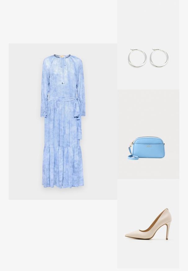 MICHAEL Michael Kors SUNBLEACH TIER DRESS - Robe longue - chambray; Escarpin beige à talon haut, à bout pointu, finition en cuir lisse, talon stiletto mince, design minimaliste avec un détail arrière subtil.; Sac en cuir bleu clair porté travers avec des accessoires en métal doré, fermeture éclair et une poche avant. Il dispose d'une bandoulière réglable pour plus de commodité.; Sac en cuir bleu clair porté travers avec des accessoires en métal doré, fermeture éclair et une poche avant. Il dispose d'une bandoulière réglable pour plus de commodité.; Les boucles d'oreilles en argent en forme de créole présentent un design lisse et arrondi avec un profil fin et un fermoir sécurisé. Style minimaliste avec une finition polie.