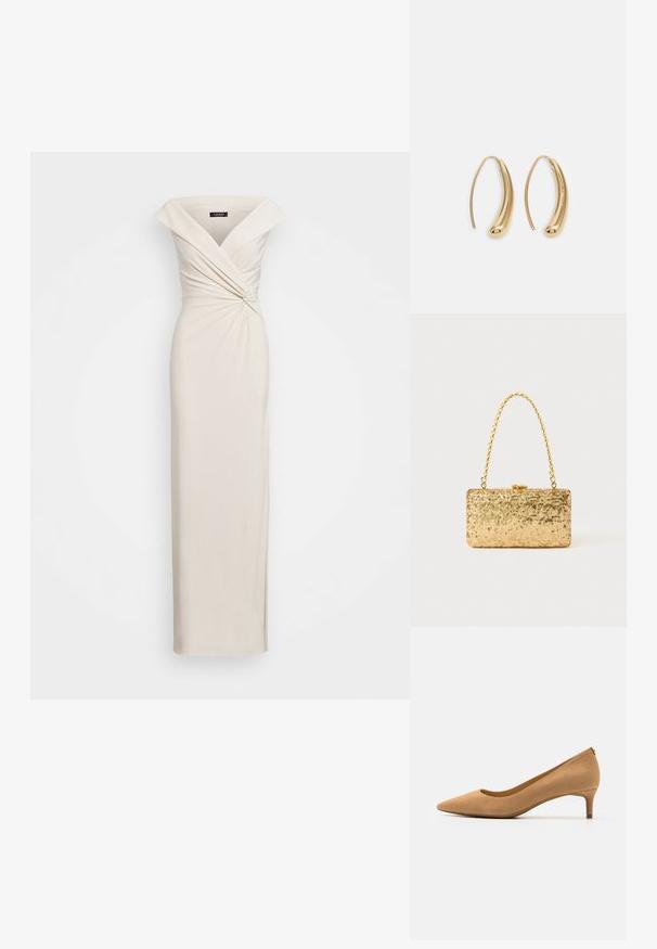 Kermainen iltapuku, jossa on off-shoulder-hihansuut. Ominaisuuksia ovat kierretty vartalo-osa ja tyylikäs, tiukka siluetti, joka laskeutuu lattiaan.; Korkean kantapään sekä terävän varvaskärjen omaava kengät, valmistettu tanvärisestä mokasta. Kengissä on matala korko ja sileä pinta. Klassinen siluetti, jossa on pieni takayksityiskohta.; Kultaiset paljetti-clutchet, joissa on suorakulmainen muotoilu, kierretty ketjukahva sekä metallinen lukitus, heijastavat valoa teksturoidun pinnan ansiosta.; Korvakorut kultasävytteistä metallista, joissa on kaareva, pitkänomainen muoto. Ominaisuuksiin kuuluu sileä, kiiltävä pinta ja pyöreä kärki lisäyksinä.