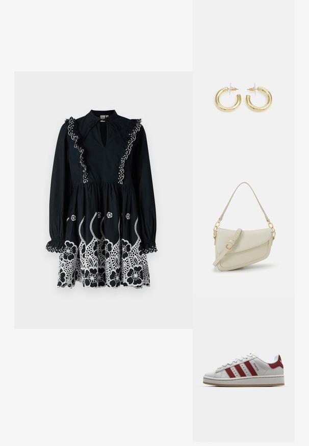 Czarna sukienka z długimi rękawami, falbaniastym kołnierzykiem i haftowanymi białymi kwiatowymi wzorami na dolnej krawędzi. Dekolt w kształcie łezki i detal z marszczeniem w pasie.; Białe zamszowe sneakersy z trzema czerwonymi paskami, okrągłym noskiem, płaską podeszwą i wyściełanym kołnierzem. Posiadają napis "CAMPUS" po boku.; Mała torebka w kolorze kremowym z teksturowanym wykończeniem, długim regulowanym paskiem, akcentem z łańcucha oraz zapięciem na klapkę. Wykończenia w kolorze złotym.; Złote kolczyki w kształcie kółek o gładkim, błyszczącym wykończeniu. Okrągły design z małym klipsem i przezroczystym zapięciem zapewniającym bezpieczne noszenie.