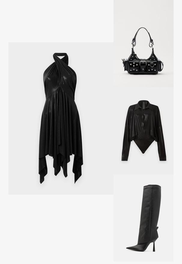 Black halter dress with a draped design. Made of shiny material, featuring a twisted neckline and asymmetrical hem. Smooth texture.; Black bodysuit with long sleeves, V-neck, and a fitted silhouette. Made of shiny, smooth fabric with a structured collar and cuffs.; Black leather high-heeled boots with pointed toes, tall shaft, and a sleek finish. Features a small loop detail at the back.; Black leather handbag with a curved design, featuring silver studs, a buckle, and two side pockets. Adjustable strap for carrying options.