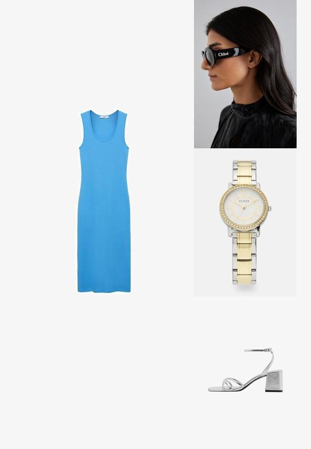 Blå tankklänning i mjukt, stretchigt tyg, med en rundad halsringning och en figurnära, ankellång design. Inga synliga mönster eller detaljer.; Silverfärgade sandaler med blockklack, med tunna korslagda remmar och en justerbar ankelsnär. Slät metallisk finish.; Svarta solglasögon med runda linser och djärva, vinklade bågar som har varumärket "Chloé" i vitt på sidan. Slät, glänsande yta.; Rund klocka i rostfritt stål med ett armband av silver- och guldmetallkedjor. Den vita urtavlan har guldaccent och en bezel prydd med kristaller.