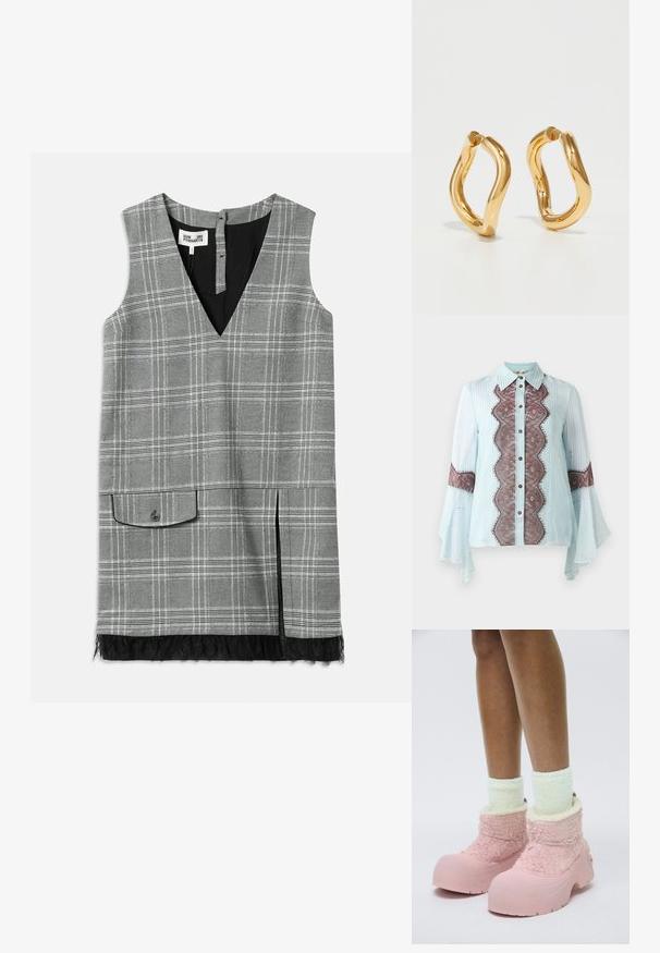 Gaišs pelēks raibs bez piedurknēm kleita ar V veida izgriezumu, sānu kabatu un mežģīņu apdari apakšmalā. Iekšpuse ir melna, un aizmugurē ir pogu aizdare.; Gaiši zilā blūze ar brūnu mežģīņu akcentu un svītru rakstu. Iezīmēta ar norādītu apkakli, pogu aizdari un izpletņu piedurknēm.; Rozā gumijas zābaki ar teksturētu pūkainu augšdaļu, mīkstu oderi un masīvu zoli. Valkāti kopā ar gaiši zaļām pūkainām potīšu zeķēm.; Zelta krāsas gredzenveida auskari ar izliekta, nepareiza formu un gludu, pulētu tekstūru. Nav redzamu detaļu vai akcentu.