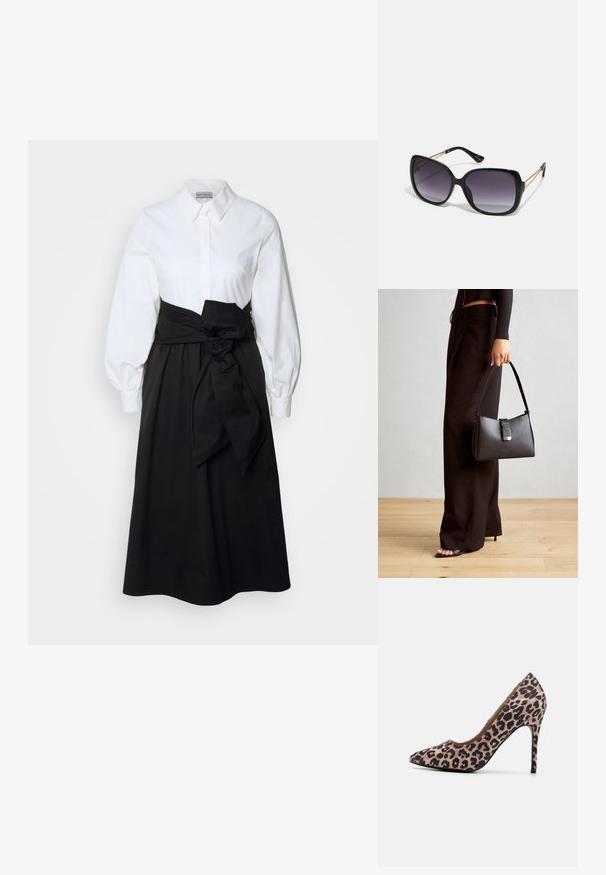 Balta pogu krekliņa blūze ar garām pūku piedurknēm, apvienota ar melnu svārku un auduma jostu, kas sasieta ap vidukli, izgatavota no gludas kokvilnas materiāla.; Lapas raksta augstpapēžu kurpe ar smailu purngalu, teksturētu audumu, 10 cm augstu stiletto papēdi un gludu iekšējo oderi.; Melni pārmērīgi lieli saulesbrilles ar gradāciju lēcām, biezām rāmja malām un zeltainas krāsas ķēžu detaļām uz tempļiem.; Melnā somiņa ar strukturētu formu, gludu tekstūru un metālu sprādzi. Saskaņota ar platām melnām biksēm un sandālēm ar atvērtu purngalu uz koka grīdas.