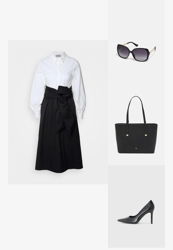 White button-up top with long puff sleeves, paired with a black skirt and fabric belt tied at the waist, made from smooth cotton material.; Black patent leather high heel pump with a pointed toe and a sleek silhouette, featuring a thin stiletto heel and minimalistic design.; Black oversized sunglasses with gradient lenses, thick frames, and gold-tone chain detailing on the temple arms.; Black tote bag made of synthetic material, featuring simple rectangular design, gold square accents, and double handles.