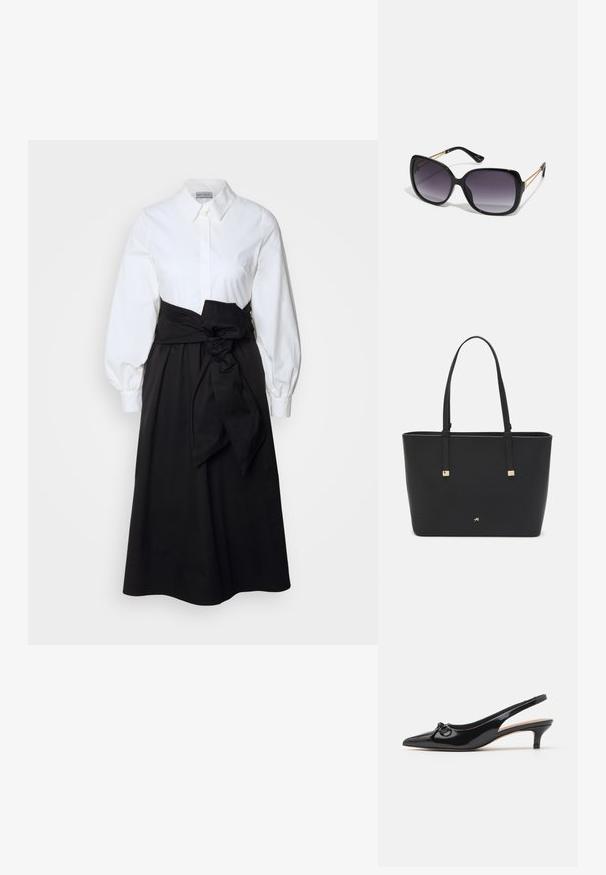 Vit skjorta med långa puffärmar, matchad med en svart kjol och ett tygbälte knytet i midjan, tillverkad av slät bomullsmaterial.; Svart lackläderslangbackssko med spetsig tå, liten klack och en dekorativ rosett på ovandelen. Slät yta överlag.; Svarta överdimensionerade solglasögon med gradientlinser, tjocka bågar och kedjedetaljer i guldton vid tempelarmarna.; Svart tote-väska i syntetmaterial, med en enkel rektangulär design, gyllene fyrkantiga detaljer och dubbla handtag.