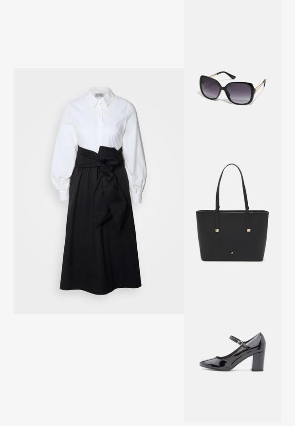 Bela srajca z dolgimi nabranimi rokavi, kombinirana s črno krilo in tkanim pasom, zavezanem okoli pasu, narejena iz gladkega bombažnega materiala.; Črne lakirane visoke pete z zaobljenim prstom, trakcem okoli gležnja in blok pavkom. Svetleča površina z gladko teksturo.; Črne prevelike sončne očala z degradacijskimi lečami, debelimi okvirji in zlatimi verižicami na ročajih.; Črna torba iz sintetičnega materiala, preproste pravokotne oblike, z zlatimi kvadratnimi detajli in dvojnih ročajem.