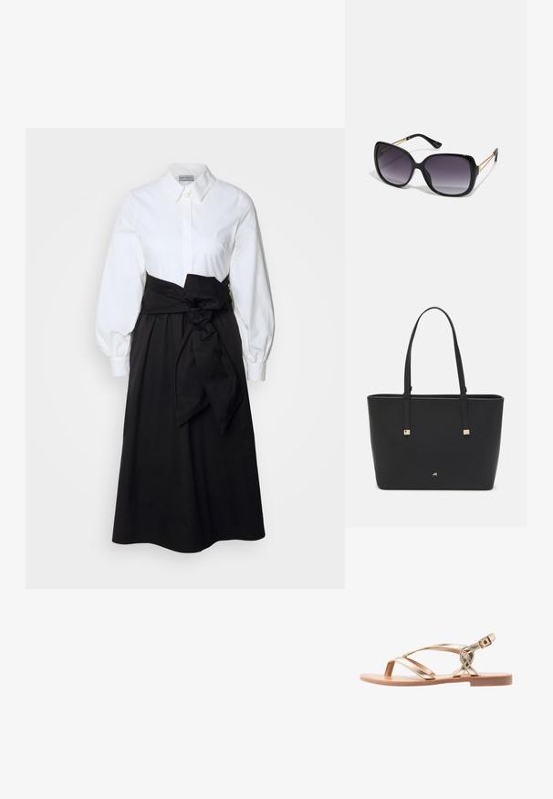 Camisa branca de botão com mangas bufantes longas, combinada com uma saia preta e cinto de tecido amarrado na cintura, feita de material de algodão suave.; Sandálias metálicas douradas com tiras cruzadas, sola plana e fivela no tornozelo. Textura suave e design aberto para ventilação.; Óculos de sol oversized pretos com lentes degradê, armações grossas e detalhes em corrente dourada nas hastes.; Saco tote preto feito de material sintético, apresentando um design retangular simples, com detalhes quadrados dourados e duas alças.