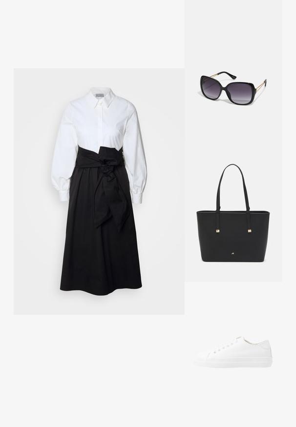 Balta marškinėlių tipo palaidinė su ilgomis pūstuvių rankovėmis, derinama su juoda sijonu ir audiniu, surištu aplink juosmenį, pagaminta iš lygaus medvilninio audinio.; Balti kanvas sportbačiai su žemu padu, apvaliu priekiniu galas, šešiais akių skylutėmis ir tekstūruotu guminio pado. Lygios medžiagos su minimaliais akcentais.; Juodos didelės saulės akinių su pereinamais objektyvais, storomis rėmeliais ir auksinės spalvos grandinėmis ant šventyklų.; Juodas sintetinio pluošto rankinis krepšys, turintis paprastą stačiakampį dizainą, auksines kvadratines detales ir dvi rankenas.