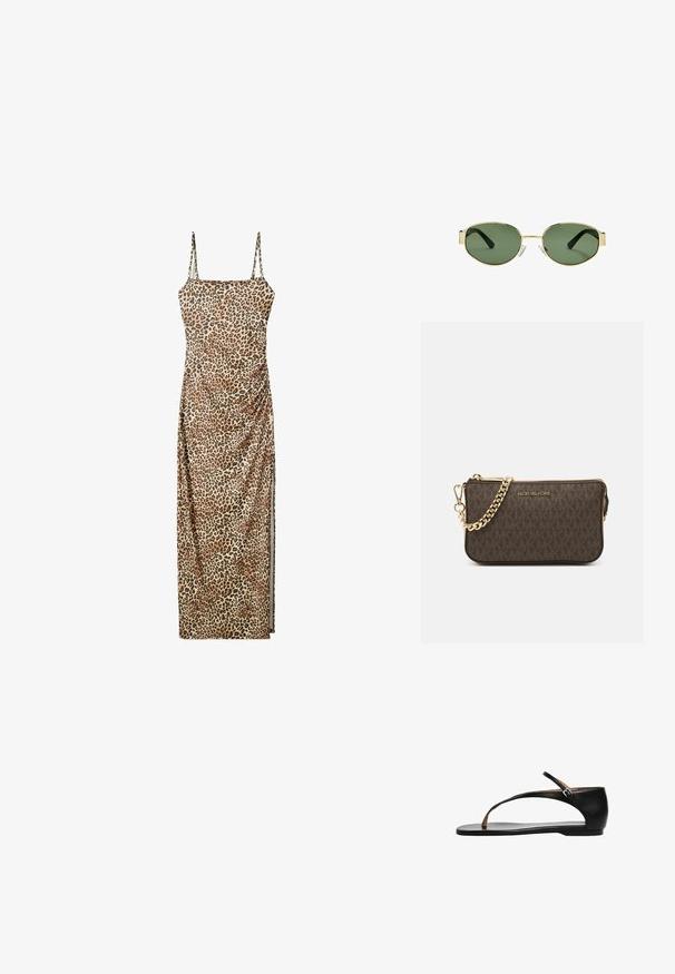 Maxi šaty s leopardím vzorom, nastaviteľnými ramienkami, so zúženým bočným detailom a hladkým, ľahkým materiálom.; Čierne kožené sandále s plochou podrážkou, s dizajnom T-štrunku a nastaviteľným členkovým pásikom pre bezpečné uchytenie. Hladká textura a minimalistický štýl.; Slnko zlatohnedých kovových rámových okuliarov s zelenými tónovanými sklami, oválnym tvarom, čiernymi stranami a priehľadnými nosnými podložkami. Čistý, minimalistický dizajn.; Hnedá kožená crossbody taška s logom, zlatým reťazcom, zipsovým uzáverom a zlatými prvkami. Kompaktnej a obdĺžnikovej forme.