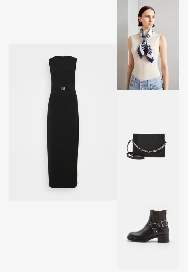 Crna bezrazrezna maksi haljina s prilagođenim siluetom, glatkom teksturom i karakterističnim detaljem s kopčom u struku.; Crna kožna gležnjača s okruglim vrhom, elastičnim bočnim panelima i dekorativnom kopčom. Sadrži kontrastnu šav i nisku petu.; Svila marama u tamnoplavoj i bijeloj boji s geometrijskim zigzag uzorkom. Glatka tekstura, uredno vezana oko vrata, koja dodatno ističe rebrasti top.; Crna kožna torba preko tijela s glatkom teksturom, pravokutnim oblikom i metalnim lancem na prednjoj strani. Uključena je podesiva naramenica.