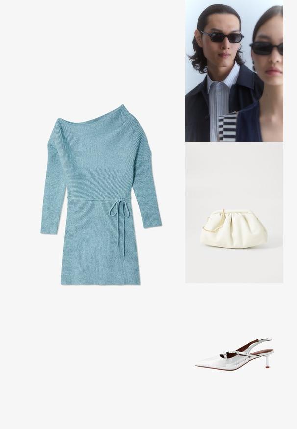 Pletené šaty v svetlomodrej farbe s voľným výstrihom na rameno, rebrovanou textúrou, dlhými rukávmi a s uväzovaním v páse.; Biele lakované sľužby s špicatou špičkou, tenkým opätkom, krížovými popruhmi a jemným detailom s prackou. Hladký, lesklý povrch.; Čierne slnečné okuliare s uhlovými rámami nosené mužom a ženou. Muž má na sebe modro-biely pruhovaný tričko pod tmavou bundou; žena má na sebe tmavý, vzorovaný top.; Biela kožená kabelka so zahnutej konštrukciou, so zlatým reťazovým popruhom a zaobleným tvarom. Hladká textúra s jemnými záhybmi a bez vzorov.