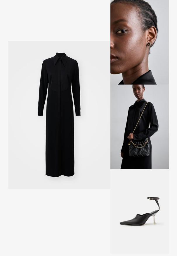 Črna obleka z dolgimi rokavi, ki ima gumbasto zapiranje spredaj, klasičen ovratnik in raven kroj, izdelana iz gladkega materiala.; MIISTA JANESSA - Visoke pete - black; Črna prešita usnjena torbica z nabranim vrhom, zlatim verižnim naramnikom in pravokotno obliko, držana na enolični podlagi.; Zlati cvetni uhani s teksturiranim črnim središčem in nežnimi detajli. Omenjen model ima jasno kožo in spletene lase, kar je vidno v profilu.