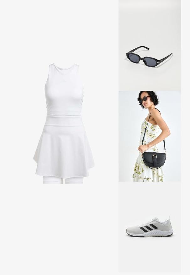 Abito da tennis bianco con corpetto aderente e gonna svasata, realizzato in tessuto liscio. Include pantaloni incorporati e presenta un logo discreto.; Scarpa sportiva bianca con strisce nere, parte superiore in rete, sole in gomma e dettagli testurizzati. Presenta una punta arrotondata e un collo imbottito.; Occhiali da sole neri in plastica con lenti ottagonali, scuri e con dettagli argentati sulle astine. Texture liscia, design moderno.; Borsa a tracolla nera in pelle con una forma curva, manico rimovibile e accessori dorati. La borsa presenta una patta con un dettaglio a fibbia.