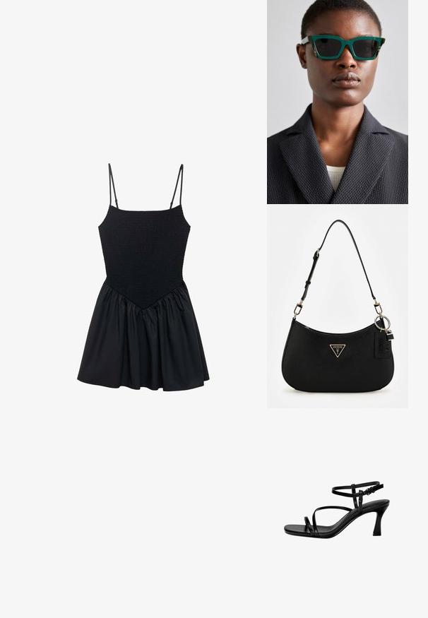 Robe noire avec un corsage smocké et des bretelles spaghetti réglables. La jupe est froncée, créant une forme évasée. Texture lisse sur l'ensemble.; Sandales à talons en cuir noir avec des fines lanières, un bout carré et un talon aiguille. Bride de cheville réglable pour un ajustement parfait. Texture lisse.; Lunettes de soleil vertes et à motifs avec une monture géométrique ; verres foncés ; le modèle porte un blazer noir texturé par-dessus un haut clair.; Sac à épaule synthétique noir avec une silhouette courbée, une finition texturée, un logo triangulaire en or et des accents matériels détachables.