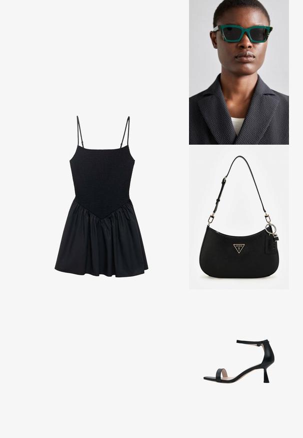 Zwarte jurk met een gesmokte lijfje en verstelbare spaghetti-bandjes. De rok is geraapt, wat een uitlopende vorm creëert. Zachte textuur door het hele ontwerp.; Zwarte leren haksandalen hebben een enkelbandje, open teen en een slanke, sculpted hak. Minimalistisch ontwerp met een gladde textuur.; Groene en gemarmerde zonnebril met een geometrisch montuur; donkere glazen; model draagt een gestructureerde zwarte blazer over een lichte blouse.; Zwarte synthetische schoudertas met een gebogen silhouet, textuurafwerking, gouden driehoeklogo en afneembare hardwareaccenten.