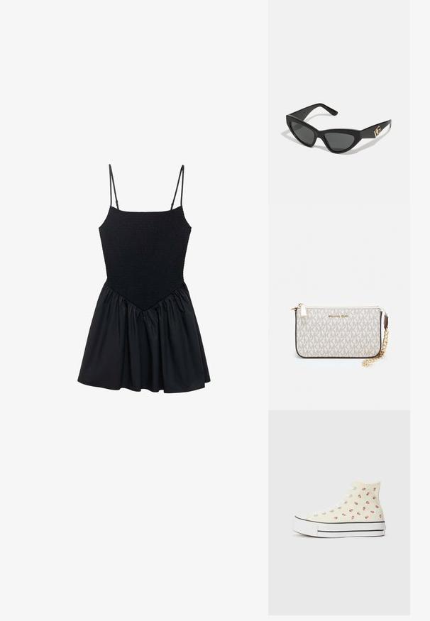 Čierne šaty s elastickým živôtikom a nastaviteľnými ramienkami. Sukňa je nabrúsaná a vytvára rozšírený tvar. Hladká textúra po celom obvode.; Vysoké tenisky z žltého plátna so vzorom malých červených jahôd, biele šnúrky a biely podpätok so čiernymi pruhmi.; Slnečné okuliare v tvare mačacích očí s matným čiernym plastovým rámom, tmavými sklami a zlatým logom na bočnej strane. Ostrý dizajn a hladká textúra.; Michael Kors zápästná taška v béžovej potiahnutej plátenej tkanine s opakujúcim sa vzorom loga MK, zlatým kovania a odnímateľným reťazovým popruhom.
