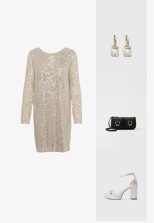 Pailletten Kleid in hellem Beige mit langen Ärmeln und rundem Ausschnitt, das ein strukturiertes Muster aus glänzenden, reflektierenden Pailletten aufweist.; Silberner Glitzer-Pumps mit hochhackigem, breitem Blockabsatz, offenen Zehen und verstellbarem Knöchelriemen. Glattes Innenleben und strukturierte Außenseite.; Schwarze Leder-Umhängetasche mit zwei vorderen Taschen, goldenen Schnallen, Reißverschluss und einem schmalen Tragegurt. Texturierte Oberfläche und kompakte rechteckige Form.; Ohrringe in Goldfarbe mit einem rechteckigen, durchsichtigen Kristall, der unter einer Reihe kleiner, runder klarer Akzente hängt. Elegantes, modernes Design.