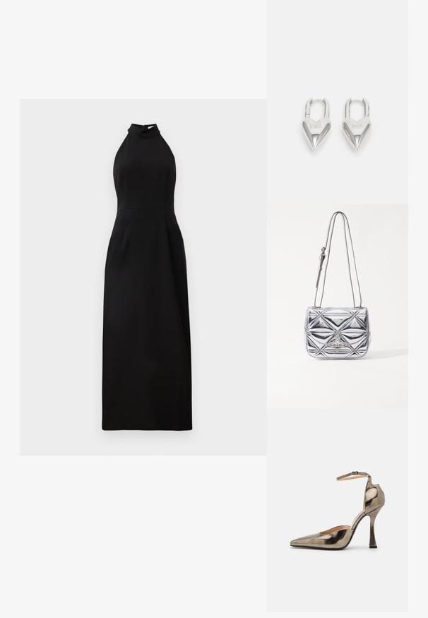 Vestido maxi negro sin mangas con un escote alto y un corpiño ajustado. Tejido suave con un brillo sutil y cierre de cremallera en la parte posterior.; Zapato de tacón alto gris metálico con punta afilada, tira de tobillo y un diseño de tacón angular único. Textura suave con un brillo sutil.; Bolso bandolera metálico plateado con un diseño geométrico acolchado, tapa plana y correa ajustable con herrajes plateados.; Candados en forma de corazón de plata con inscripciones grabadas de "SÍ" y "NO", acabado pulido, diseño simétrico y un robusto cierre de metal.