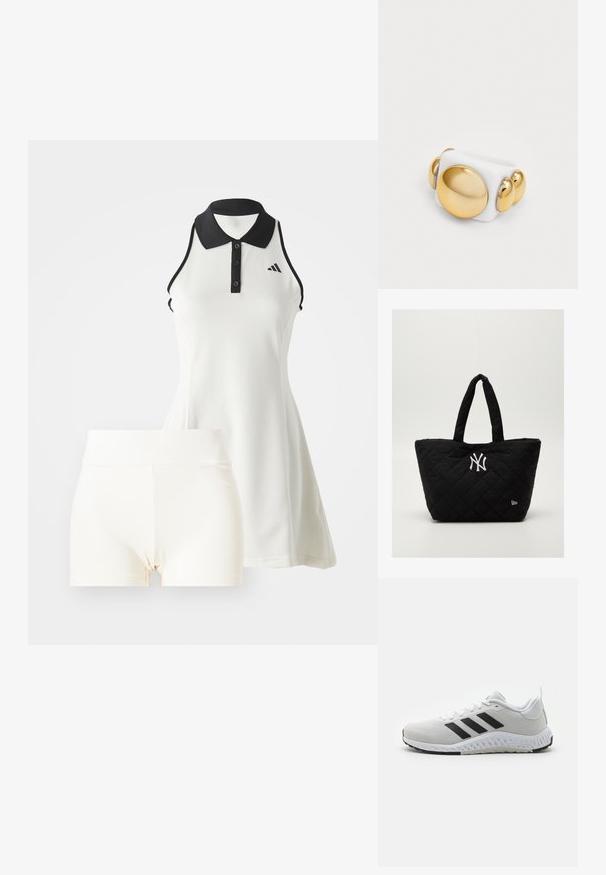 Biela bezrukávová šaty s čiernym golierom a gombíkmi, vyrobené z textúrovaného materiálu. V kombinácii s bielymi priliehavými šortkami.; Biela športová obuv s čiernymi pruhmi, sieťovaným zvrškom, gumovou podrážkou a textúrovanými akcentmi. Má zaoblenú špičku a polstrovaný golier.; Prešívaná čierna taška na rameno s dvojitými uchami, s bielym logom New York Yankees a malým emblémom značky po boku.; Biely prsteň s lesklým povrchom, s veľkým zlatým kruhovým akcentom a tromi menšími zlatými guľkami na jednej strane. Hladká textura.