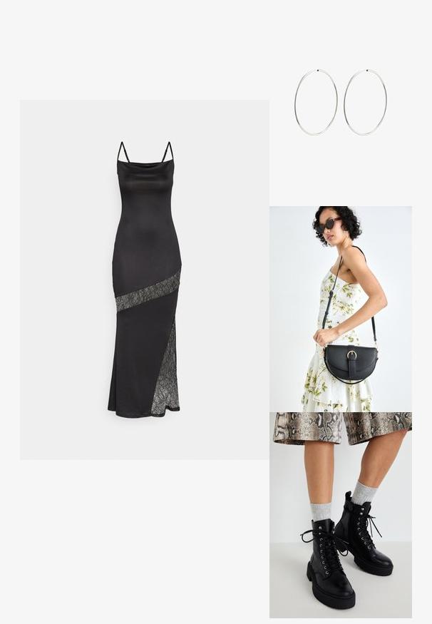 Sort satin kjole med spaghettistropper, der har en blondeaccent langs en diagonal søm og en sideslids for ekstra detalje.; Steve Madden GUSTO - Plateaustøvletter - black; Sort læderhåndtaske med en buet form, aftagelig rem og guldfinish. Tasken har en klap med en spænde detalje.; Sølvøreringe med en glat, rund design og en poleret overflade. De er tynde og lette, og har en simpel lås.