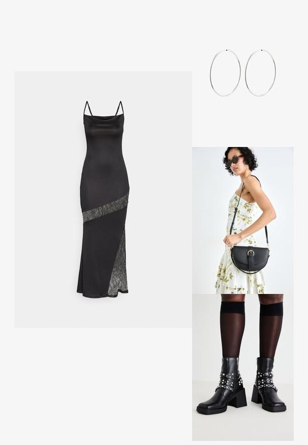 Musta satiini mekko ohuilla olkaimilla, jossa on pitsikoristelu vinossa saumassa ja sivuaukko lisäyksinä.; Mustat nilkkurit paksuine korkoineen, joissa on hopeiset niitit ja hihnat, valmistettu nahasta, jossa on sileä pinta ja vetoketjukiinnitys.; Musta nahkainen käsilaukku, joka on kaareva muotoilultaan, irrotettavalla hihnalla ja kultaisilla yksityiskohdilla. Laukussa on läppä, jossa on solk yksityiskohta.; Hope hopeita hopeita, joissa on sileä, pyöreä muoto ja kiiltävä pinta. Ne ovat ohuita ja kevyitä, ja niissä on yksinkertainen lukitus.