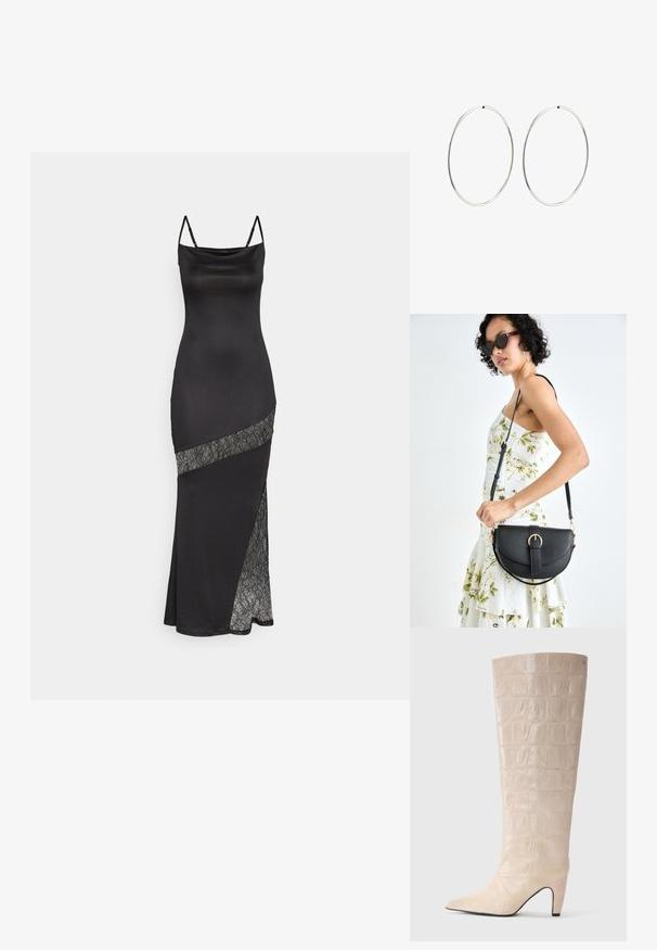 Črna satenska obleka s tankimi naramnicami, ki ima čipkast dodatek vzdolž diagonale in stranski razporek za dodaten detajl.; Kremne čevlje do kolen iz umetnega krokodilnega usnja s koničastim nosom in ožjim peto. Gladka tekstura z jasnim vzorcem po celotni dolžini. ; Črna usnjena torbica s ukrivljeno obliko, z odstranljivo naramnico in zlatimi dodatki. Torbica ima pokrov s podrobnostmi v obliki zaponke.; Srebrne obročaste uhane z gladkim, okroglim dizajnom in poliranim zaključkom. So tanke in lahke, z enostavnim zapiranjem na sponko.