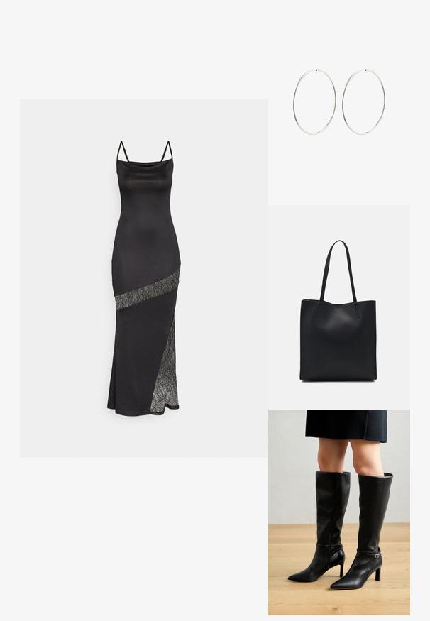 Abito di raso nero con spalline sottili, caratterizzato da un accento in pizzo lungo una cucitura diagonale e uno spacco laterale per un tocco in più.; Stivali neri al ginocchio con punta affusolata, tacco alto, materiale in pelle liscia, cerniera laterale e una fascia con dettagli in fibbia metallica.; Borsa tote in pelle nera con texture liscia, forma rettangolare e due manici lunghi. Nessun hardware o decorazione visibile.; Orecchini a cerchio in argento con un design rotondo e liscio e una finitura lucida. Sono sottili e leggeri, con una semplice chiusura a scatto.
