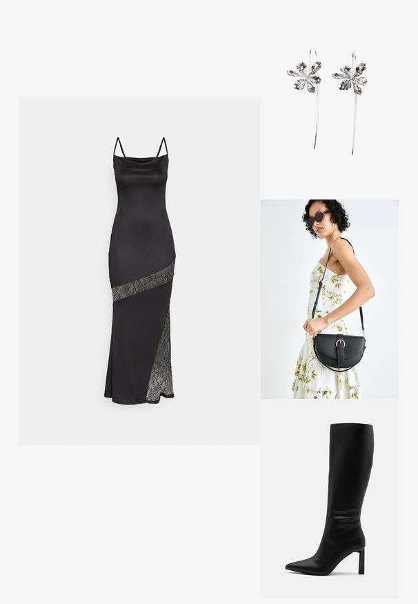 Crna saten haljina s tankim naramenicama, koja ima čipkastu akcentu uz dijagonalni šav i bočni prorez za dodatni detalj.; Even&Odd Čizme - black; Crna kožna torba s lukovitim oblikom, odvojivim remenom i zlatnim detaljima. Torba ima preklop s kopčom.; Srebrne naušnice u obliku cvijeta s teksturiranim završetkom, s dugim kukama i detaljima nalik laticama za složen dizajn.
