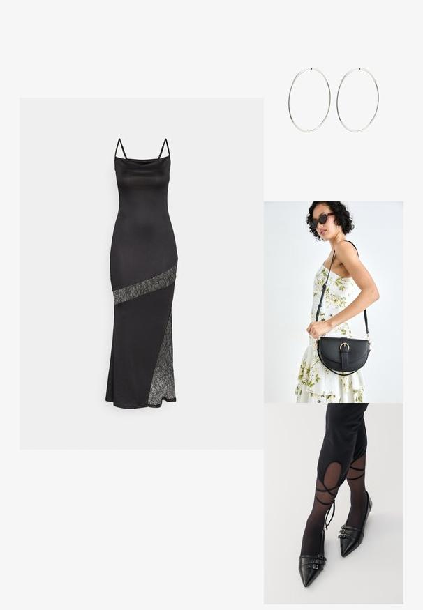 Abito di raso nero con spalline sottili, caratterizzato da un accento in pizzo lungo una cucitura diagonale e uno spacco laterale per un tocco in più.; Ballerine nere a punta in pelle, con tre decorazioni a fibbia metallica e una finitura liscia, indossate con calze nere trasparenti.; Borsa a tracolla nera in pelle con una forma curva, manico rimovibile e accessori dorati. La borsa presenta una patta con un dettaglio a fibbia.; Orecchini a cerchio in argento con un design rotondo e liscio e una finitura lucida. Sono sottili e leggeri, con una semplice chiusura a scatto.