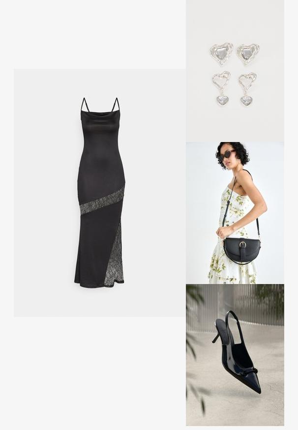 Czarna satynowa sukienka na ramiączkach, z koronkowym akcentem wzdłuż skośnej szwy i bocznym rozcięciem dla dodatkowego detal.; Czółenka na wysokim obcasie z czarnej lakierowanej skóry, z wyciągniętym noskiem i dekoracyjną klamrą, uniesione nad jasną, popękaną podłogą.; Czarna skórzana torebka o zakrzywionym kształcie, z odpinanym paskiem i złotymi akcentami. Torebka posiada klapę z zapięciem w kształcie klamry.; Srebrne kolczyki w kształcie serca posiadają fasetowane przezroczyste kamienie, otoczone teksturowaną ramą. Zestaw obejmuje kolczyki w stylu wkrętów oraz wiszące.