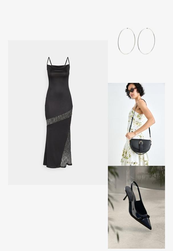 Vestido de satén negro con tirantes finos, que presenta un acento de encaje a lo largo de una costura diagonal y una abertura lateral para un detalle adicional.; Zapato de tacón alto de charol negro con tirante, punta afilada y hebilla decorativa, suspendido sobre un suelo claro y agrietado.; Bolso de piel negra con forma curva, correa desmontable y herrajes dorados. El bolso cuenta con una solapa con un detalle de hebilla.; Pendientes de aro plateados con un diseño redondo y liso, y un acabado pulido. Son delgados y ligeros, y cuentan con un sencillo cierre de gancho.