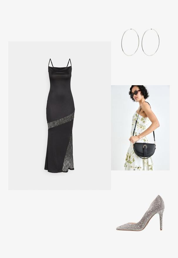 Svart satin klänning med spagettiband, med en spetsdetalj längs en diagonalsömn och en sidoklyvning för extra detalj.; Glittrande silverfärgad hög klackpumps med spetsig tå, prydd med paljetter och ädelstenar, med en smal stilettklack och en slät sula.; Svart läderhandväska med en böjd form, avtagbar rem och guldiga detaljer. Väskan har ett lock med en spänndetalj.; Silverfärgade hoopörhängen med en slät, rund design och en polerad yta. De är tunna och lätta, med en enkel spänne.