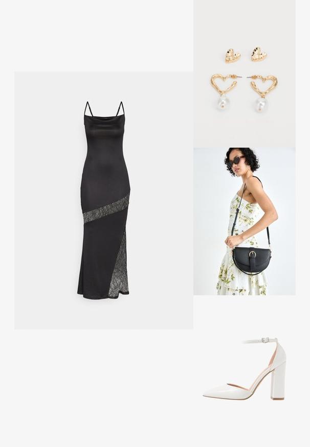 Czarna satynowa sukienka na ramiączkach, z koronkowym akcentem wzdłuż skośnej szwy i bocznym rozcięciem dla dodatkowego detal.; Białe lakierowane czółenka na wysokim obcasie z otwartym bokiem, spiczastym noskiem, paskiem wokół kostki z klamerką i masywnym obcasem.; Czarna skórzana torebka o zakrzywionym kształcie, z odpinanym paskiem i złotymi akcentami. Torebka posiada klapę z zapięciem w kształcie klamry.; Złote serduszka kolczyki w kształcie serca o teksturowanym wykończeniu, z zawieszką w postaci perły. W zestawie również pasujące kolczyki wkręty w kształcie serca.