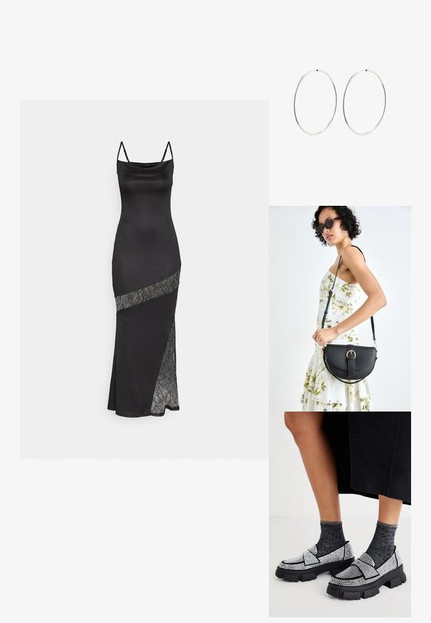 Must musträtik, millel on õhukesed sangad, kaunistatud pitsaktsendiga diagonaalses õmbluses ning külgmise lõhiku lisadetailiks.; Mustad musta värvi madala säärega kingad, millel on kristallkaunistused, paksud mustad tallad ja kontrastsed hallid tekstuuriga sokid. Loodud olema mugav ja eristuv.; Mustmust mustraha kõverate joontega, eemaldatava rihmaga ja kuldsete detailidega. Kotil on klapp, millel on pandladetail.; Hõbedased rõngaskõrvarõngad, millel on sujuv, ümmargune disain ja poleeritud viimistlus. Need on õhukesed ja kerged, omades lihtsat klambrit.