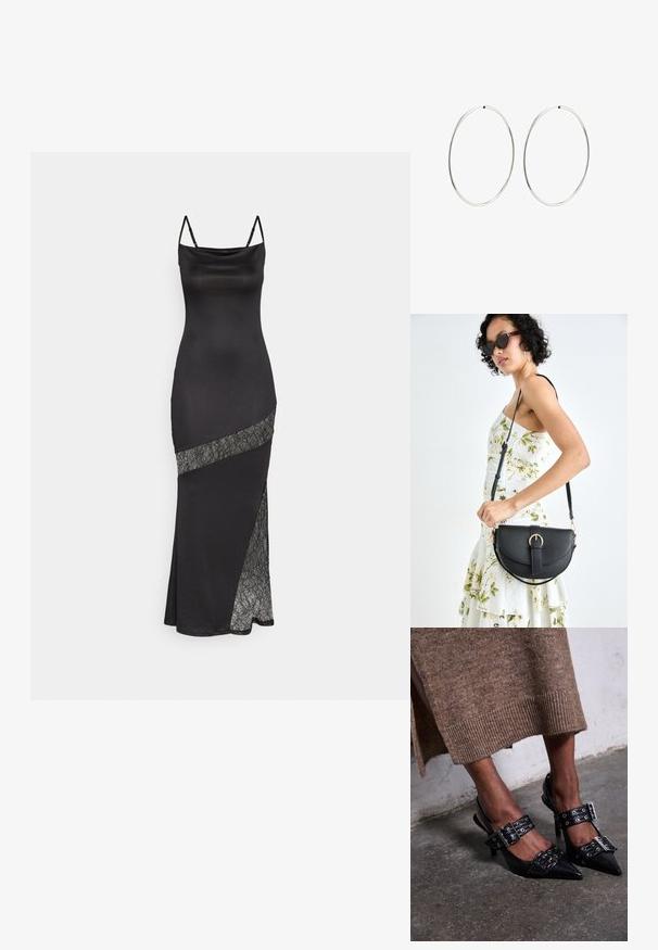 Black satin dress with spaghetti straps, featuring a lace accent along a diagonal seam and a side slit for added detail.; Black pointed-toe heels with slingshot design, featuring buckle accents and grommet details. Textured black leather with a glossy finish.; Black leather handbag with a curved shape, detachable strap, and gold hardware. The bag features a flap with a buckle detail.; Silver hoop earrings with a smooth, round design and a polished finish. They are thin and lightweight, featuring a simple clasp closure.
