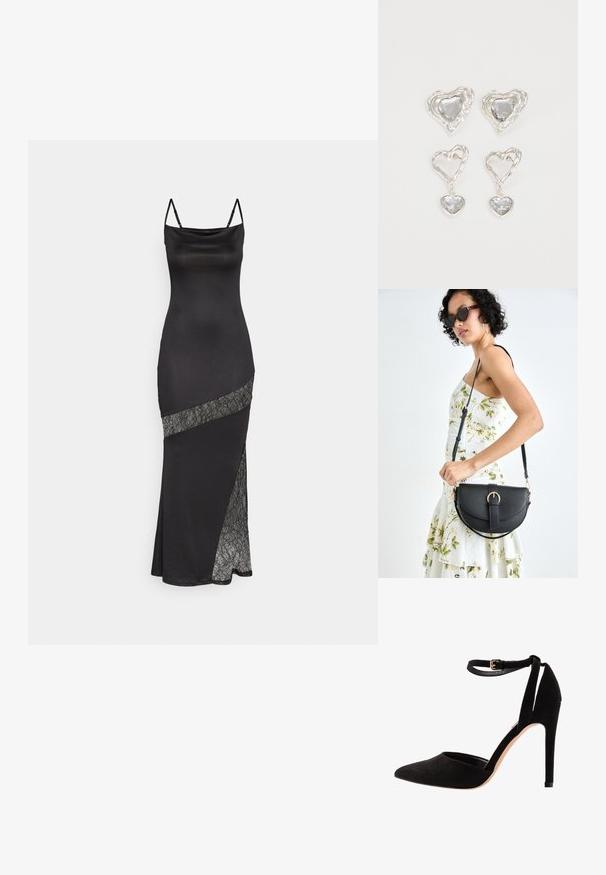 Black satin dress with spaghetti straps, featuring a lace accent along a diagonal seam and a side slit for added detail.; Black suede high heels with a pointed toe, ankle strap, and a stiletto heel. The design features a smooth texture with minimal detailing.; Black leather handbag with a curved shape, detachable strap, and gold hardware. The bag features a flap with a buckle detail.; Silver heart-shaped earrings feature faceted clear stones, with a textured frame. The set includes stud and drop styles.