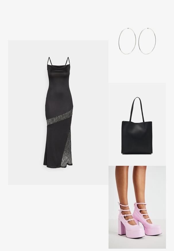 Juodas atlasinis suknelė su spaghetti petnešėlėmis, turinti nėrinių akcentą palei įstrižą siūlę ir šoninį įdūrimą papildomai detalei.; Koi Footwear PEARL DEWDROP PLATFORM HEELS - Aukštakulniai - pink; Juodas odinis tote krepšys su lygia tekstūra, stačiakampio formos ir dviem ilgais rankenomis. Matomų metalinių detalių ar puošybos nėra.; Sidabriniai auskarai-žiedai su lygiu, apvaliu dizainu ir blizgiu paviršiumi. Jie yra ploni ir lengvi, turintys paprastą užsegimą.