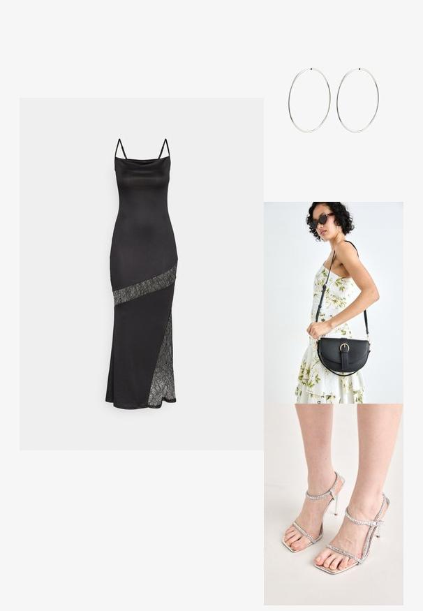 Črna satenska obleka s tankimi naramnicami, ki ima čipkast dodatek vzdolž diagonale in stranski razporek za dodaten detajl.; Noge v srebrnih visokih petah s tankimi trakovi in kvadratnimi prsti, ki stojijo na svetli površini.; Črna usnjena torbica s ukrivljeno obliko, z odstranljivo naramnico in zlatimi dodatki. Torbica ima pokrov s podrobnostmi v obliki zaponke.; Srebrne obročaste uhane z gladkim, okroglim dizajnom in poliranim zaključkom. So tanke in lahke, z enostavnim zapiranjem na sponko.