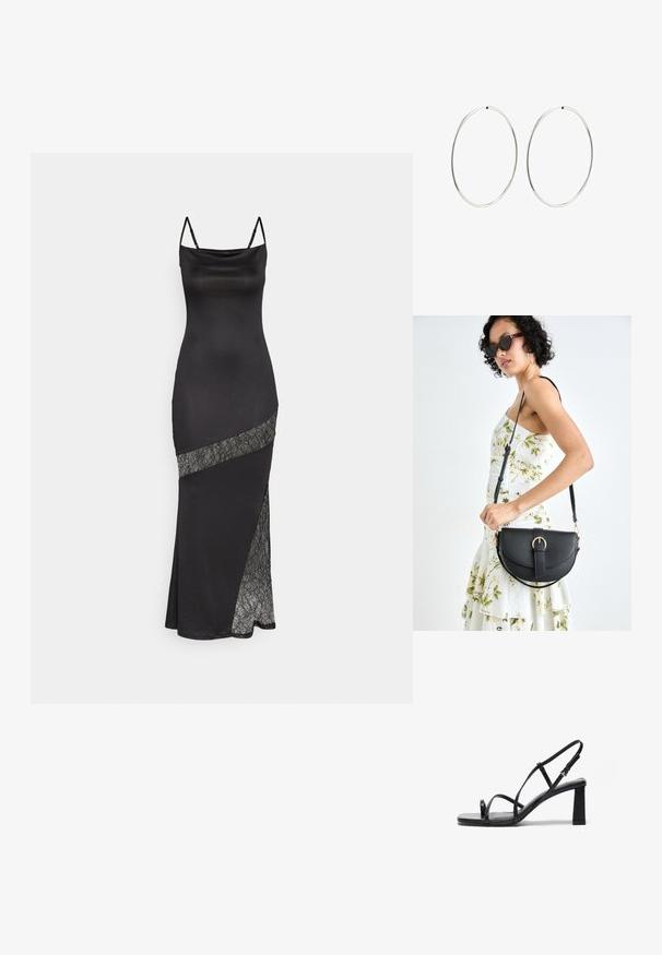 Black satin dress with spaghetti straps, featuring a lace accent along a diagonal seam and a side slit for added detail.; Black high-heeled sandals with a square toe, thin adjustable straps, and a chunky block heel. Smooth leather texture with minimal detailing.; Black leather handbag with a curved shape, detachable strap, and gold hardware. The bag features a flap with a buckle detail.; Silver hoop earrings with a smooth, round design and a polished finish. They are thin and lightweight, featuring a simple clasp closure.