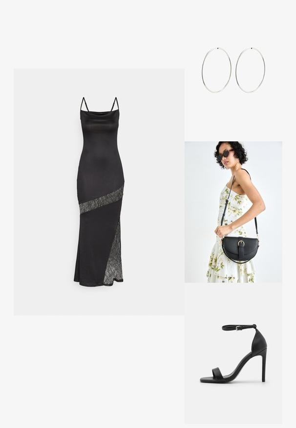 Schwarzes Satin-Kleid mit Spaghetti-Trägern, das eine Spitzenakzent entlang einer diagonalen Naht und einen seitlichen Schlitz für zusätzlichen Detail bietet.; Schwarze hochhackige Sandale mit elegantem Design, featuring einem Knöchelriemen, offener Zehenpartie und glattem Lederfinish.; Schwarze Lederhandtasche mit geschwungener Form, abnehmbarem Tragegurt und goldenen Beschlägen. Die Tasche verfügt über einen Deckel mit einer Schnallen-Details.; Silberne Creolen mit einem glatten, runden Design und einer polierten Oberfläche. Sie sind dünn und leicht und verfügen über einen einfachen Verschluss.