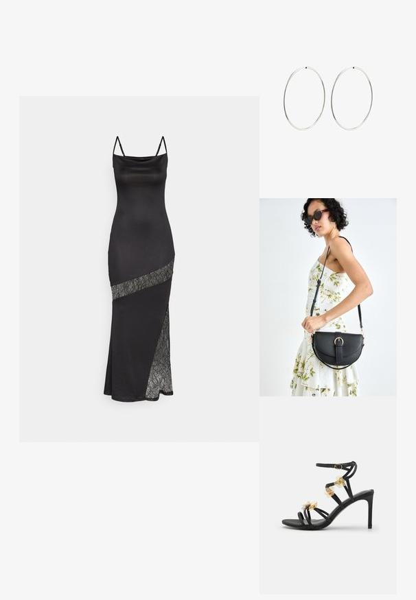 Čierne saténové šaty so špagetovými ramienkami, ktoré majú čipkový akcent pozdĺž diagonálneho švu a bočný rozparok pre dodatočný detail.; Čierne sandále na vysokom opätku s tenkými remienkami, jemnými zlatými kvetinovými akcentmi a hladkou textúrou; majú sponu na remienku okolo členku.; Čierna kožená kabelka s zaobleným tvarom, odnímateľným popruhom a zlatými doplnkami. Kabelka má klopu s detailom s prackou.; Strieborné kruhové náušnice s hladkým, okrúhlym dizajnom a lesklým povrchom. Sú tenké a ľahké, s jednoduchým uzáverom.