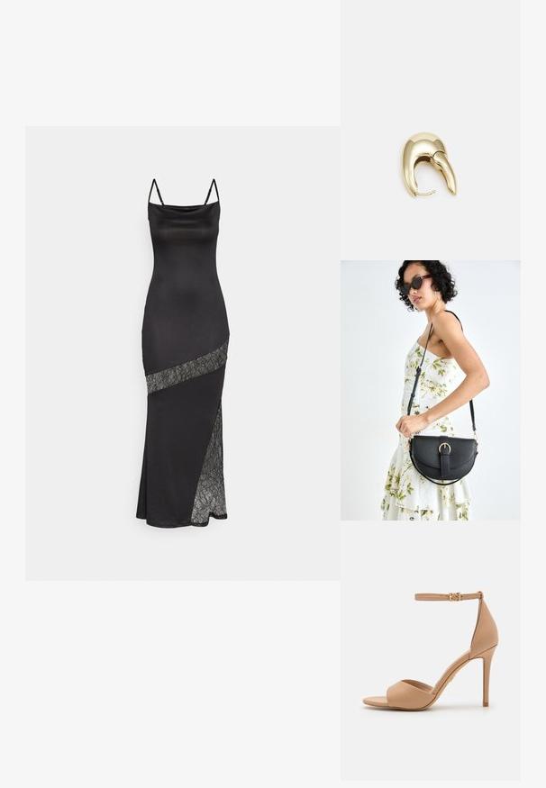 Crna saten haljina s tankim naramenicama, koja ima čipkastu akcentu uz dijagonalni šav i bočni prorez za dodatni detalj.; ALDO CRERIDE PILLOW WALK - Sandale - beige; Crna kožna torba s lukovitim oblikom, odvojivim remenom i zlatnim detaljima. Torba ima preklop s kopčom.; Zlatne metalne naušnice s elegantnim, zakrivljenim dizajnom. Imaju karakterističan šiljast oblik, poliranu površinu i zatvaranje na šarku.