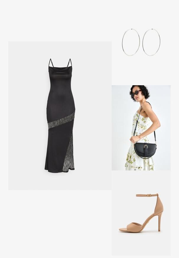 Crna saten haljina s tankim naramenicama, koja ima čipkastu akcentu uz dijagonalni šav i bočni prorez za dodatni detalj.; ALDO CRERIDE PILLOW WALK - Sandale - beige; Crna kožna torba s lukovitim oblikom, odvojivim remenom i zlatnim detaljima. Torba ima preklop s kopčom.; Srebrne naušnice od obruča s glatkim, okruglim dizajnom i poliranim završetkom. Tanak su i lagani, s jednostavnim zatvaranjem.