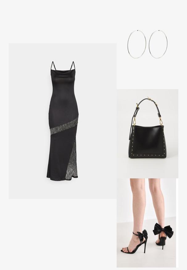 Robe en satin noir à bretelles spaghetti, avec une accent en dentelle le long d'une couture diagonale et une fente sur le côté pour plus de détail.; Simmi London ELYNA - Sandales - black; Sac à main en cuir noir avec une forme structurée, présentant des clous dorés le long des bords et une bandoulière amovible avec des accents en métal doré.; Boucles d'oreilles en argent avec un design lisse et rond, et une finition polie. Elles sont fines et légères, avec un fermoir simple.